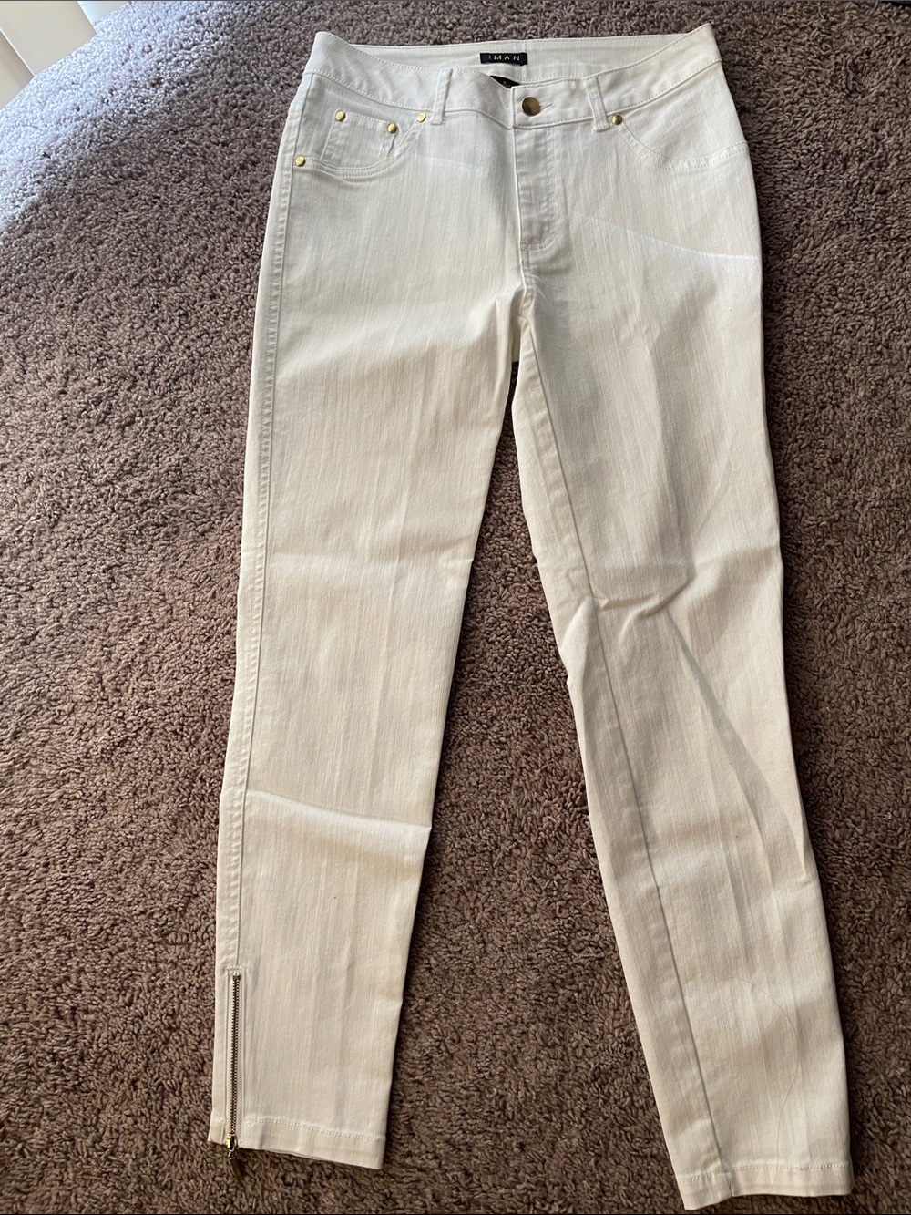 IMAN White Skinny Jeans with Ankle Zips and Gold Hardware
